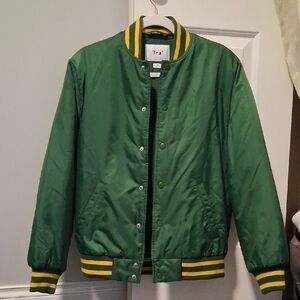 2XS Aritzia TNA Green Varisity-inspired Bomber Jacket Coat with Yellow Stripes